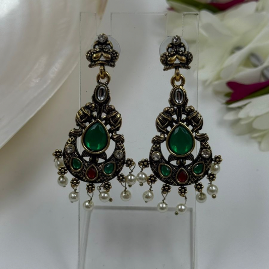 Antique Gold Green & Red Stone Earrings with Pearl Danglers
