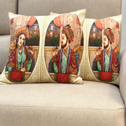 Mughal Majesty: Royal Couple Oval Cushion Covers