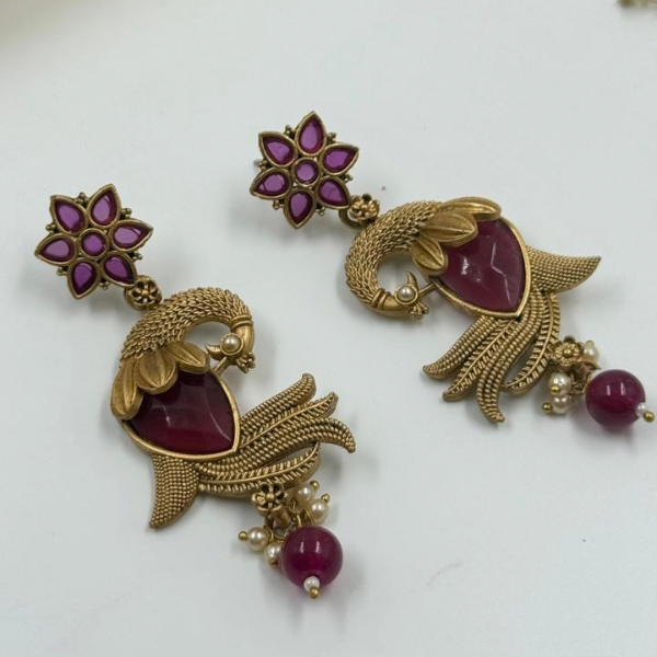 Ethnic Charm Peacock Earrings - Ruby Floral Studs