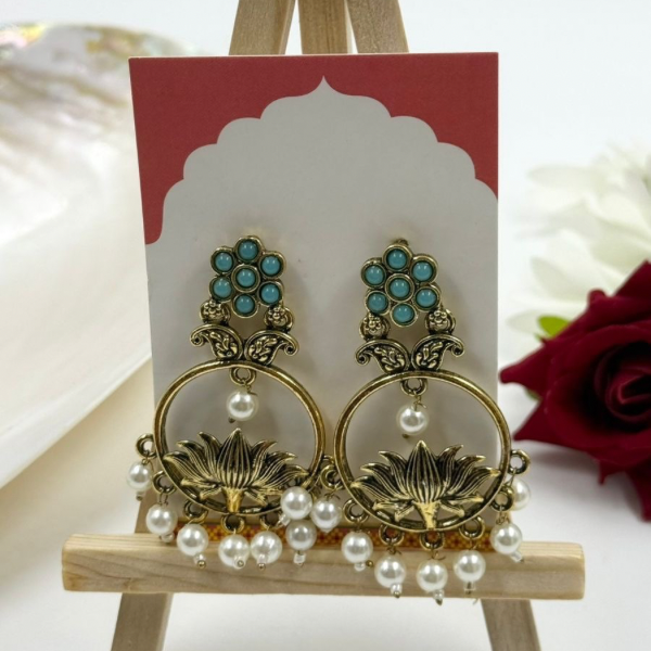 Antique Finish Aqua Bloom & Pearl Hoop Earrings