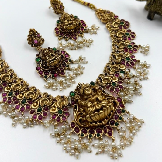 Celestial Charm – Goddess Lakshmi Pearl Necklace Set