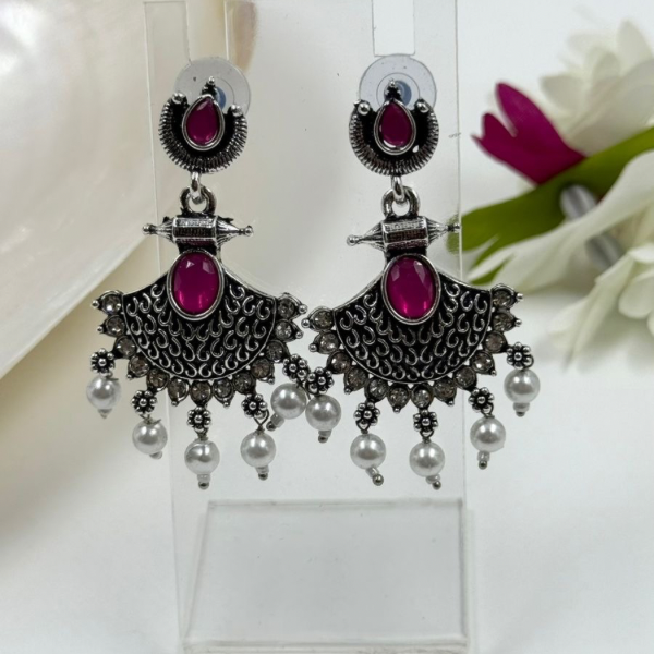 Oxidized Silver Fan Jhumkas with Ruby & Pearl