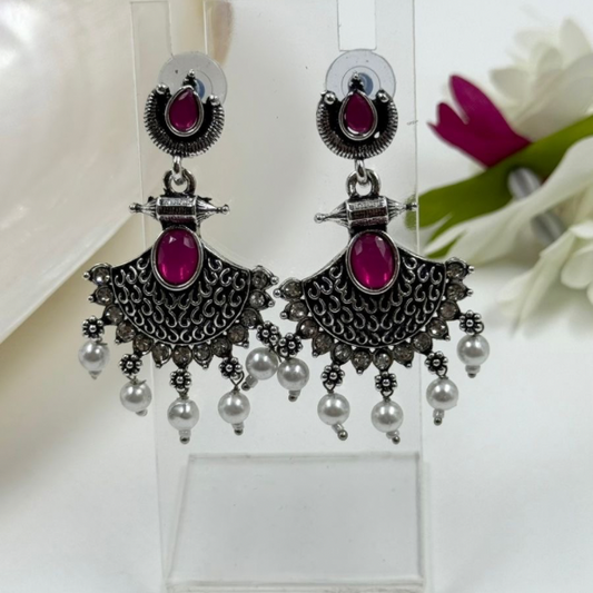 Oxidized Silver Fan Jhumkas with Ruby & Pearl