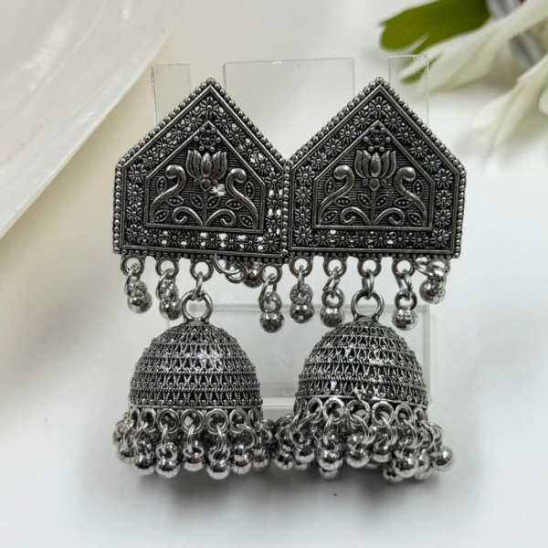 Oxidized Silver-Plated Lotus Jhumka Earrings