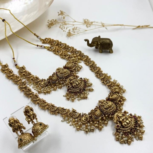 Grand Bridal Temple Jewellery Set - Lakshmi Motif & Pearl Drops