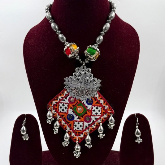 Peacock Fabric Oxidised Necklace Set