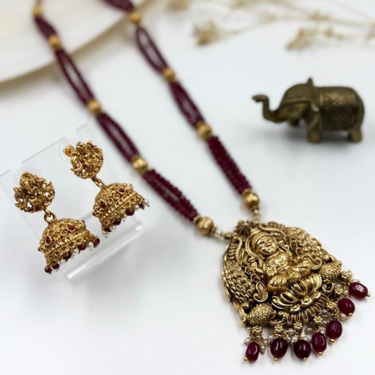 Unique Long Temple Necklace Set with Ruby Beads & Jhumkas