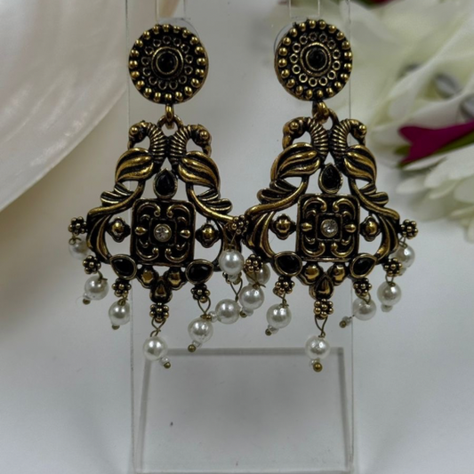 Antique Gold Floral Jhumka Earrings with Black Accents & Pearl Drops