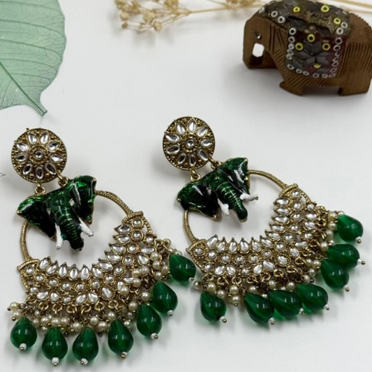 Elephant Motif Long Pearl Earrings-Dark Green