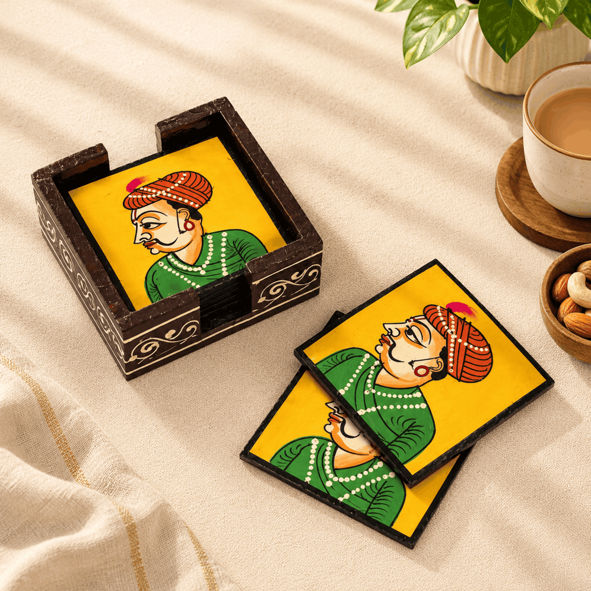 Raja Babu - Raja Print Wooden Coaster Set (Pack of 6)