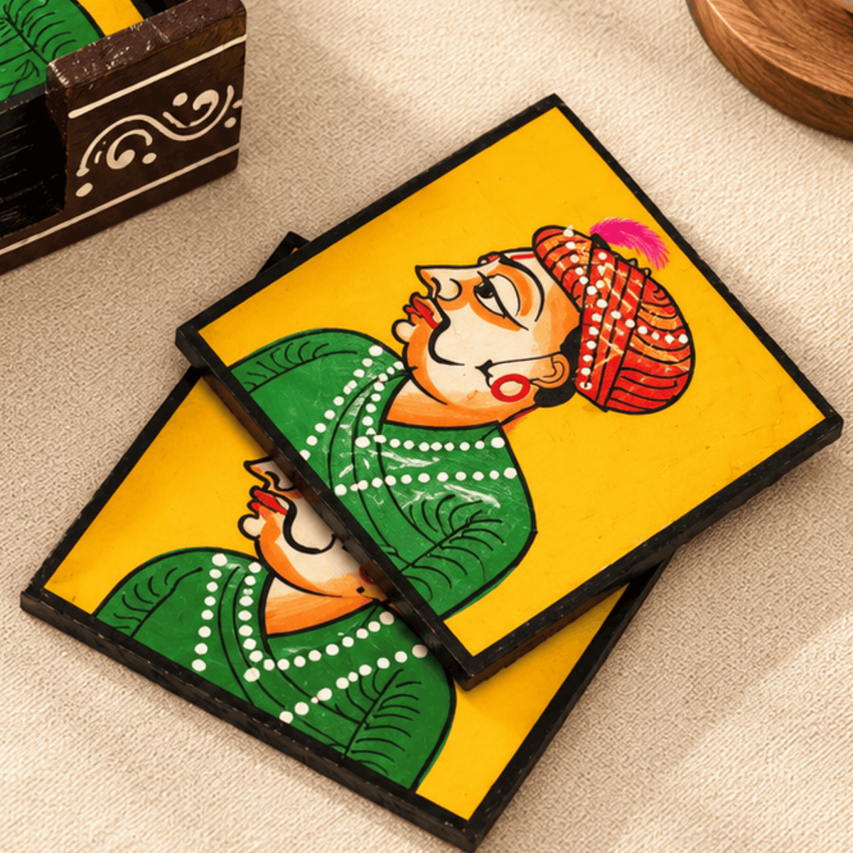 Raja Babu - Raja Print Wooden Coaster Set (Pack of 6)