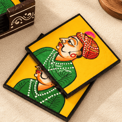 Raja Babu - Raja Print Wooden Coaster Set (Pack of 6)