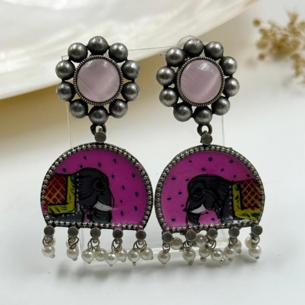 Hand-Painted Elephant Dangler Earrings with Vintage Pearl Tassels