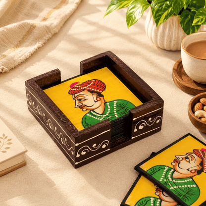 Raja Babu - Raja Print Wooden Coaster Set (Pack of 6)
