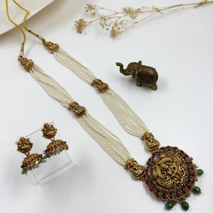 Antique Round Pendant Set with Pearl Beaded & Jhumkas