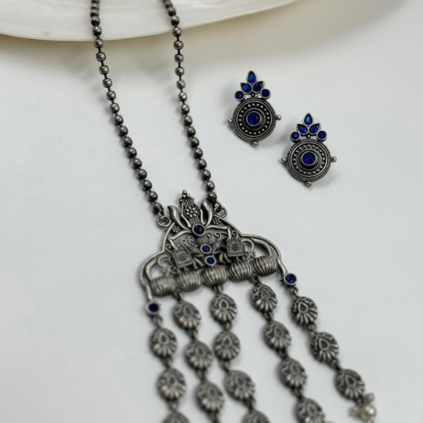 Oxidized Silver & Blue Floral Necklace Set
