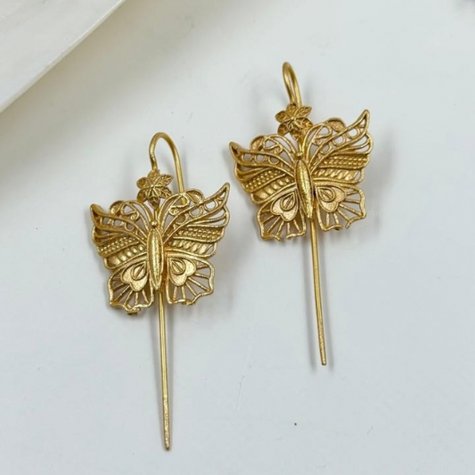 Ethereal Matte Gold Filigree Butterfly Long Drop Earrings