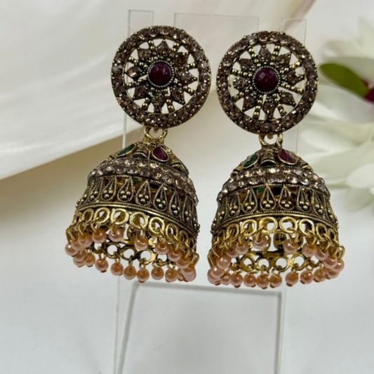 Antique Gold Temple Jhumkas with Ruby Stones & Peach Pearl Drops