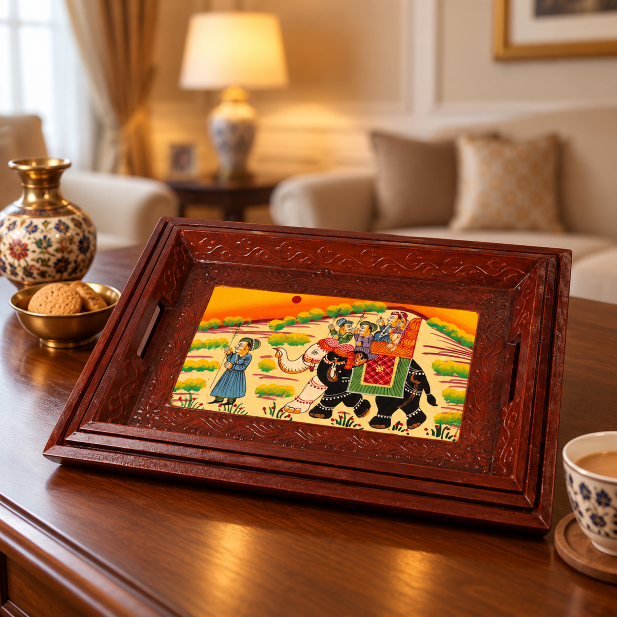 Elephant Printed Rajasthani Design Wooden Serving Tray - Set of 3