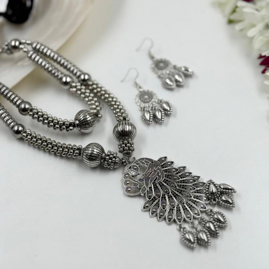 "Mayuri" Oxidized Silver Peacock Necklace Set