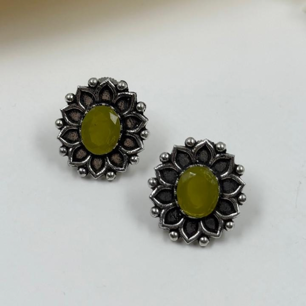 Oxidized Silver-Plated Chartreuse Stone Flower Stud Earrings