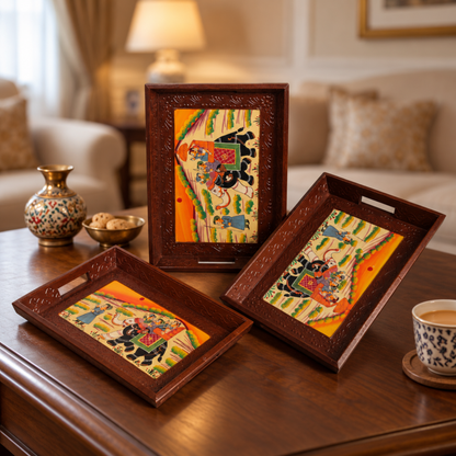Elephant Printed Rajasthani Design Wooden Serving Tray - Set of 3