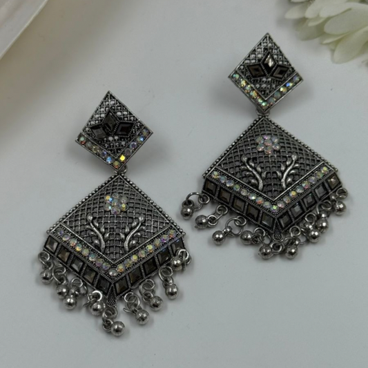 Oxidized Geometric Crystal Earrings