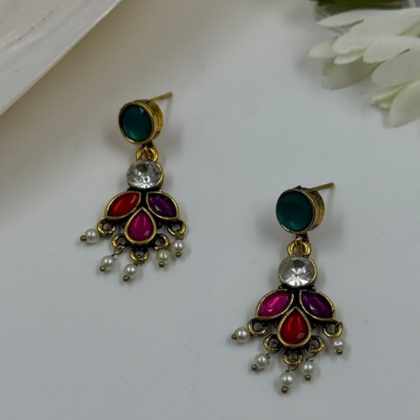 Vintage Kundan & Enamel Drop Earrings with Pearl Charm