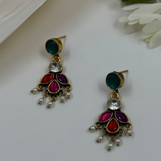 Vintage Kundan & Enamel Drop Earrings with Pearl Charm