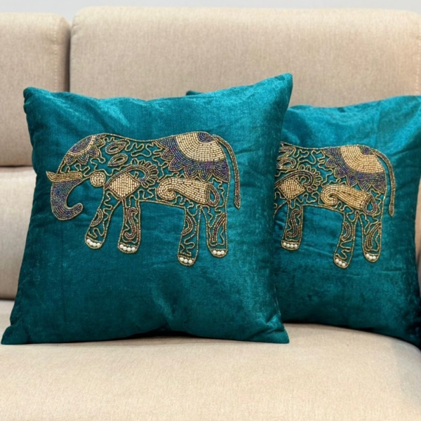 Teal and Gold Elephant Cushion Covers Set