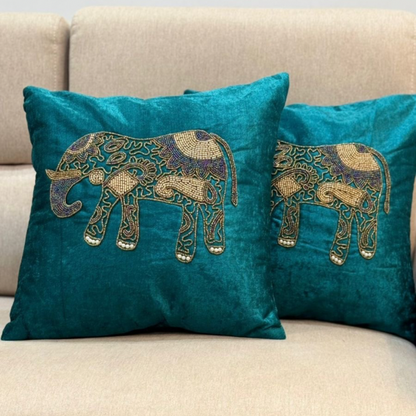 Teal and Gold Elephant Cushion Covers Set