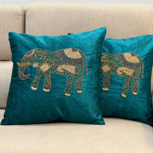 Teal and Gold Elephant Cushion Covers Set