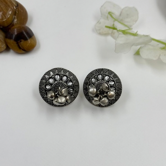 Oxidised Silver Round Stud Earrings with Ghungroo Charm