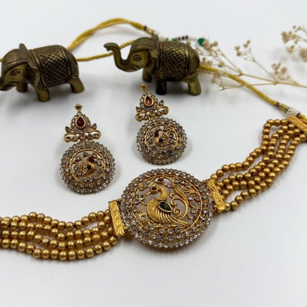 Regal Peacock Jewelry Set: Choker Necklace and Earrings