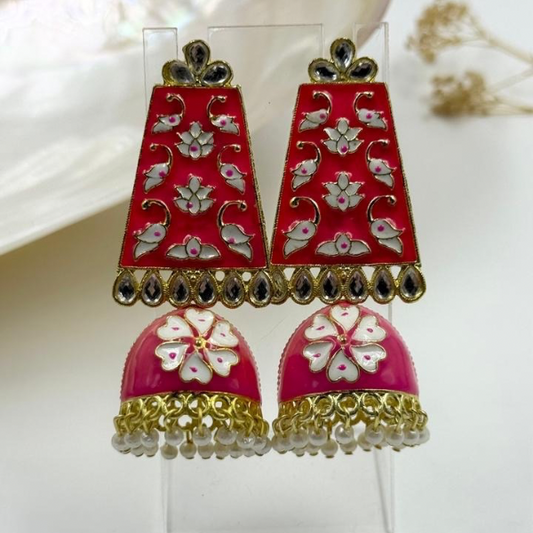 Pink Floral Charm Jhumka Earrings