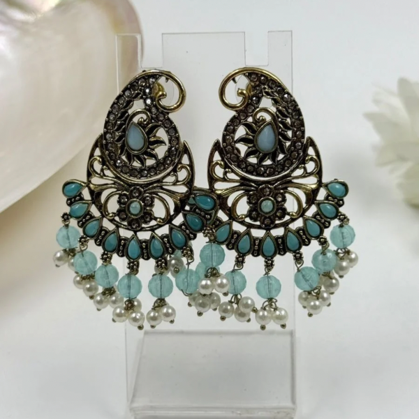 Serene Aqua Bloom: Oxidized Paisley Dangler Earrings