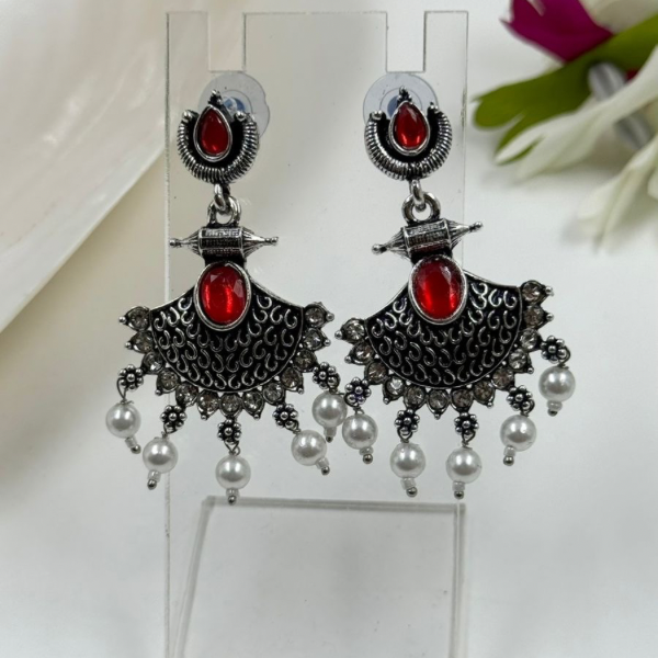 Oxidized Silver & Ruby-Red 'Fan Flare' Pearl Drop Earrings
