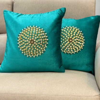 Teal Velvet Beaded Cushion Covers