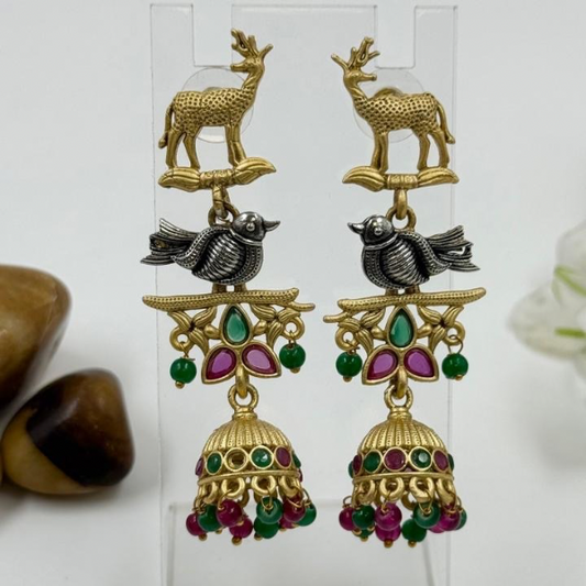 Wild Harmony Deer & Bird Jhumka Earrings 2
