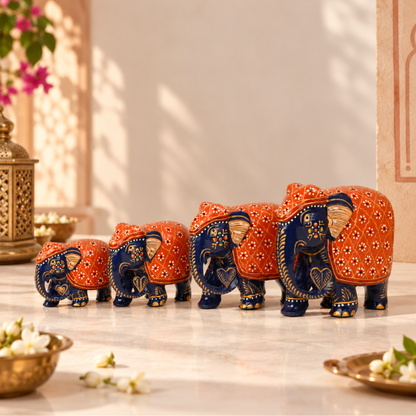 Blue & Orange Colour Royal Elephant Family Set of 4