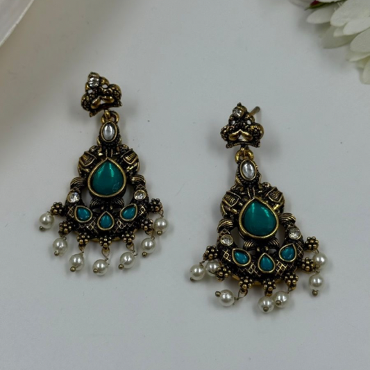 Antique Gold Teardrop Chandbali Earrings with Turquoise & Pearl Drops