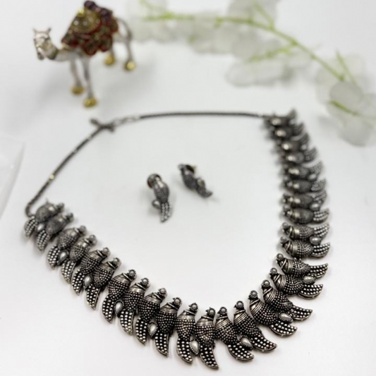 Silver Bird Cascade – Oxidized Necklace Set