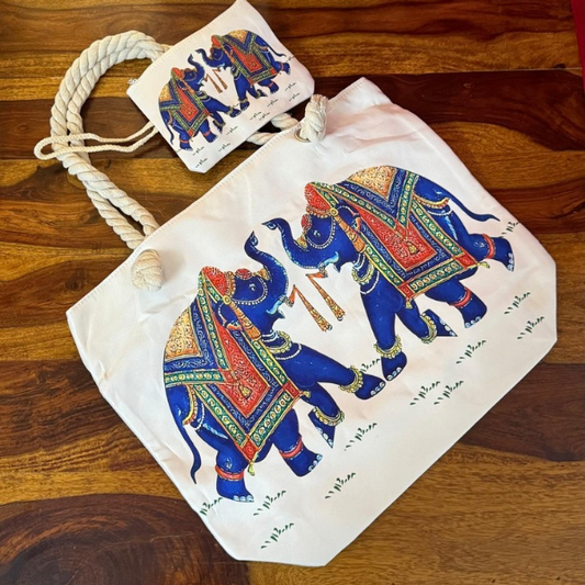Ele-Folk Charm – Blue Elephant Canvas ToteBag Set