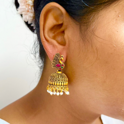 Royal Ruby Peacock Jhumka- Earrings