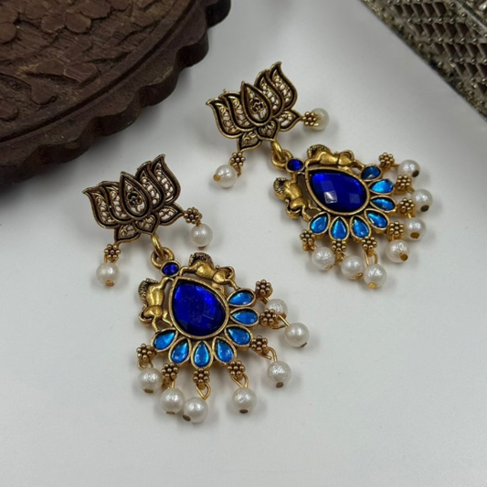 The Ethereal Lotus Jhumka with Royal Blue Stone