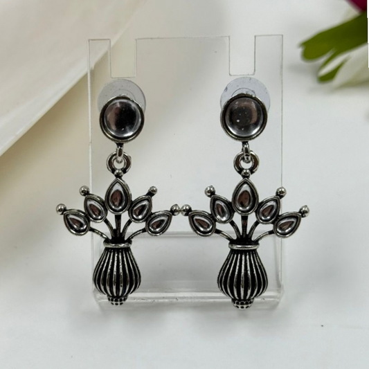 Oxidized Silver Flower Vase Drop Earrings
