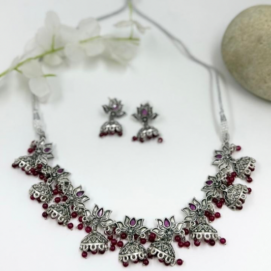 Lotus Charm Oxidised Silver Choker Set