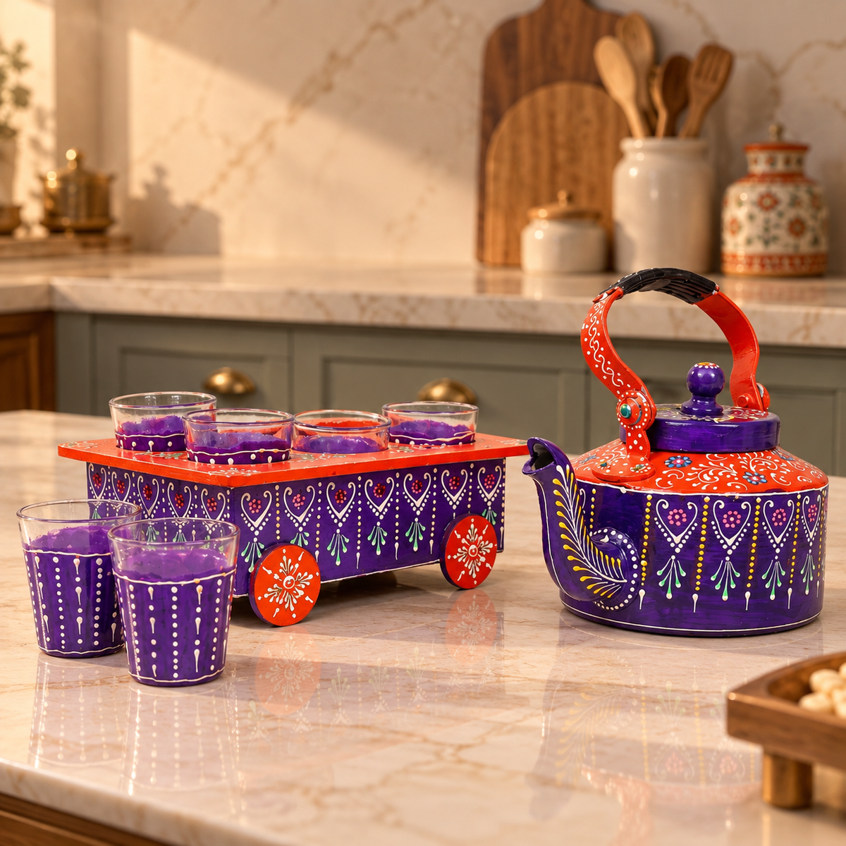 Handpainted Tea Kettle & Glass Set for Festive Decor