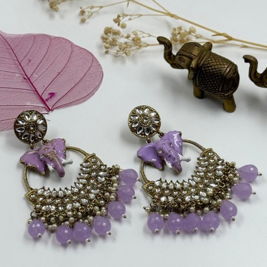 Elephant Motif Long Pearl Earrings - Lilac