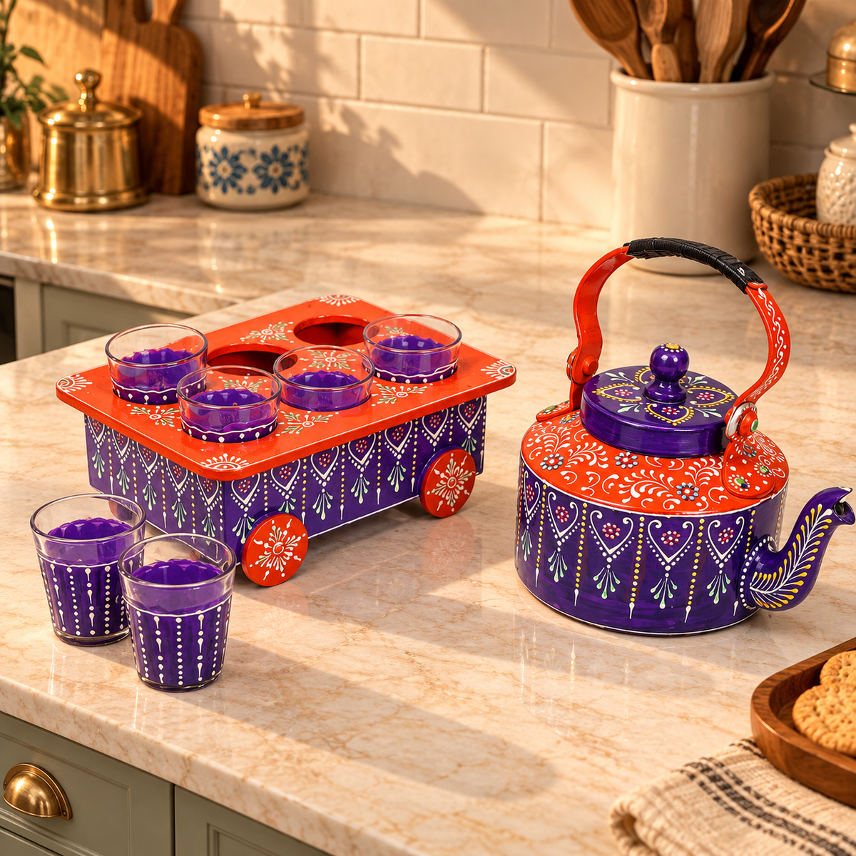 Handpainted Tea Kettle & Glass Set for Festive Decor